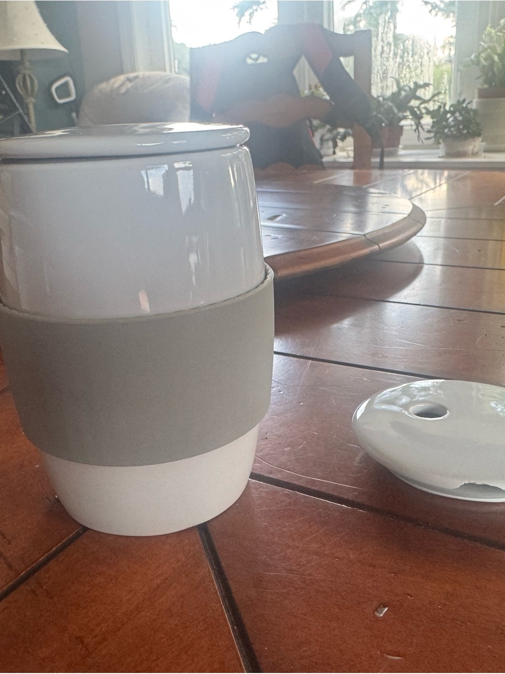 Pampered Chef White Ceramic Egg Cooker with Gray Silicone Grip